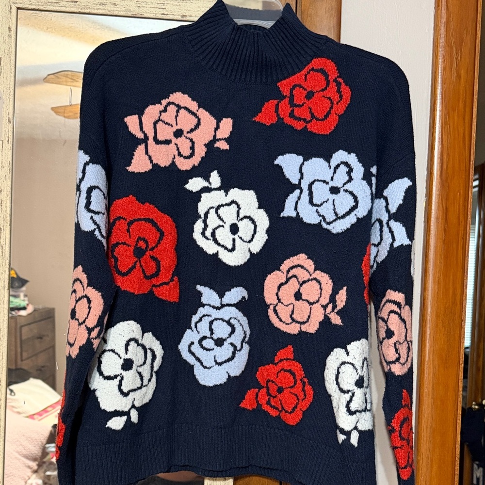 LOFT Navy Sweater with Red and White Floral Design